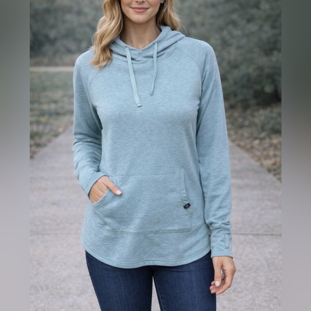 -FREEFLY Bamboo Bluish-Green Heathered Fleece Hoodie Thumbhole Size Small